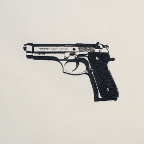 BENELLI M3 Super 90 | De la serie "Las armas no matan" | 2011-13 | Serigrafía con pólvora de armamento sobre lienzo, casquillos de 9mm y cartuchos de escopetas
