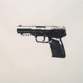 FN-Five Seven USG | De la serie "Las armas no matan" | 2011-13 | Serigrafía con pólvora de armamento sobre lienzo, casquillos de 9mm y cartuchos de escopetas